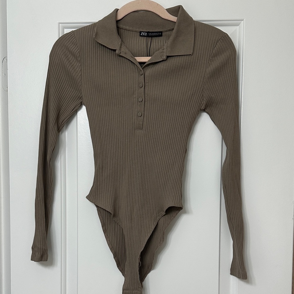 Zara Taupe Ribbed Long Sleeve Bodysuit